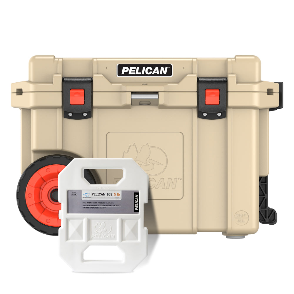 Outdoor Tan Pelican 45QT Wheeled Elite Cooler with 5lb Pelican Ice Pack