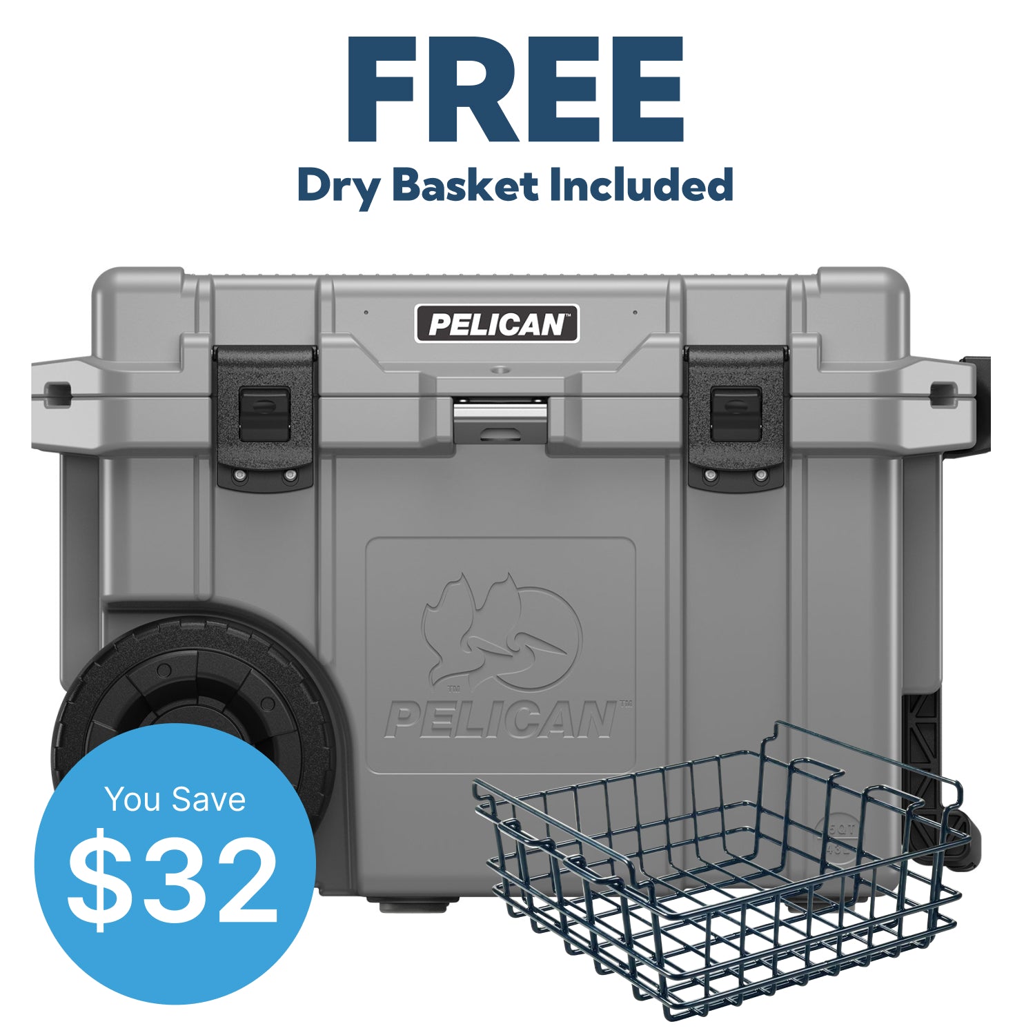 Charcoal Pelican 45QT Cooler with Free Pelican Dry Rack Basket