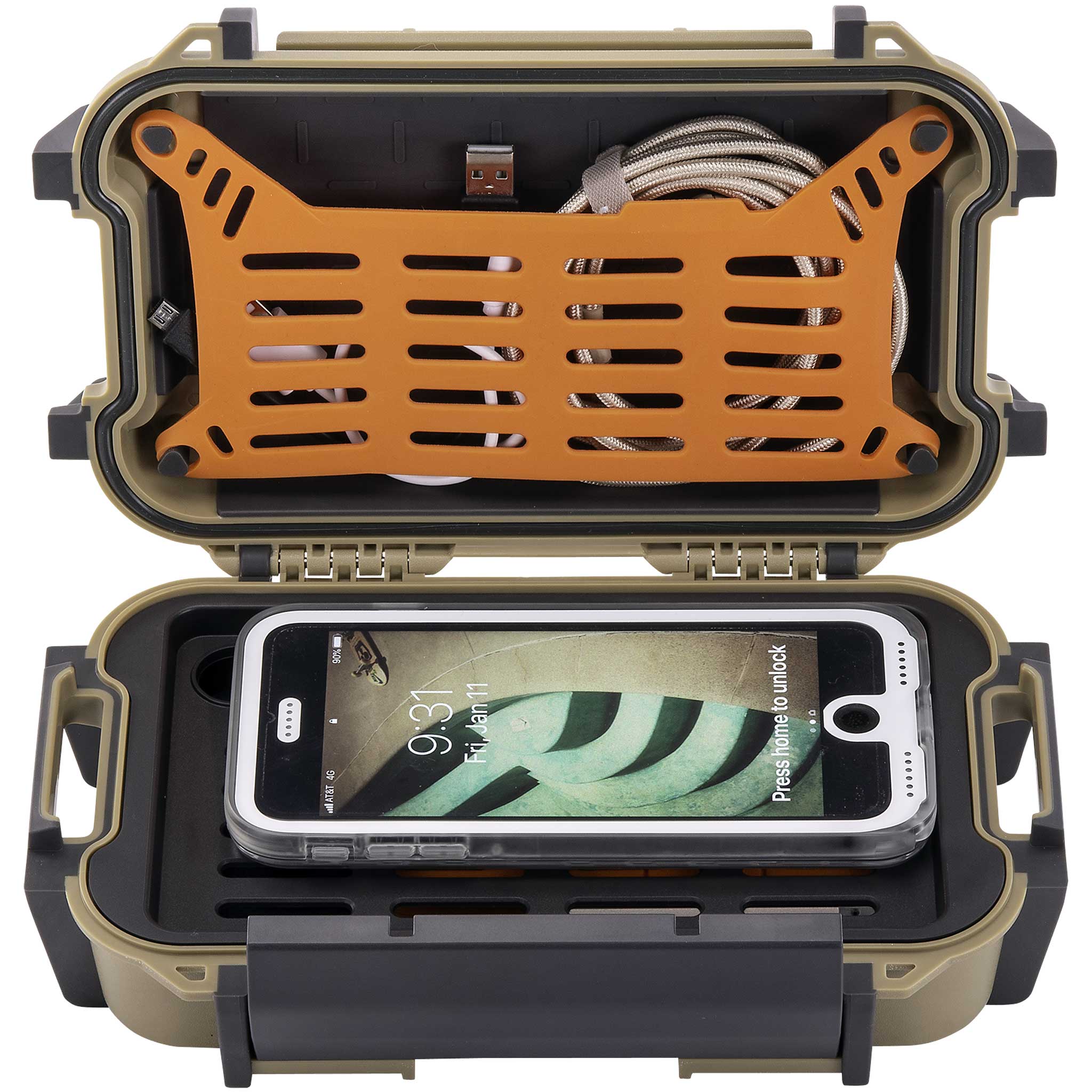 Tan Pelican R40 Ruck Case with contents inside