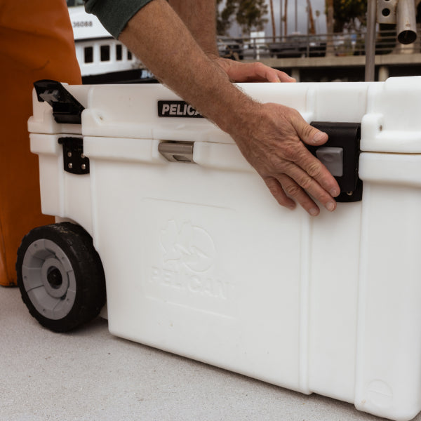 Marine White Pelican 65QT Wheeled Cooler Latches