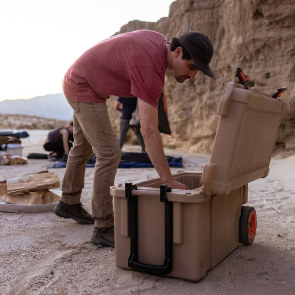 Outdoor Tan Pelican 65QT Wheeled Cooler Opened Desert