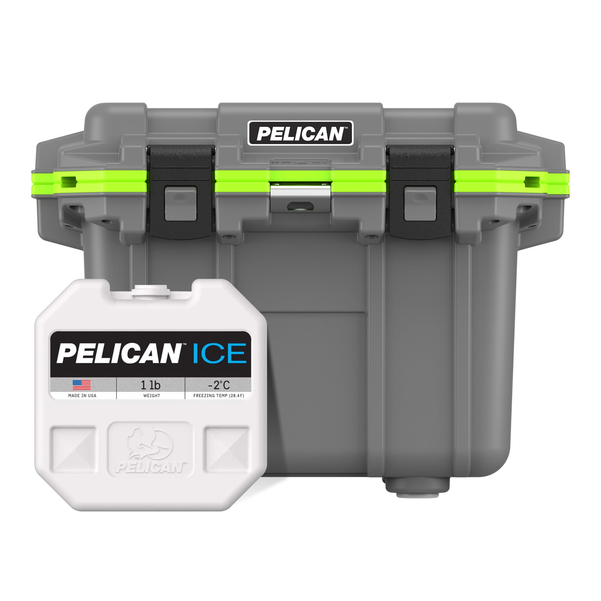  Dark Grey / Green Pelican 30QT Cooler with Pelican 1lb Ice Pack