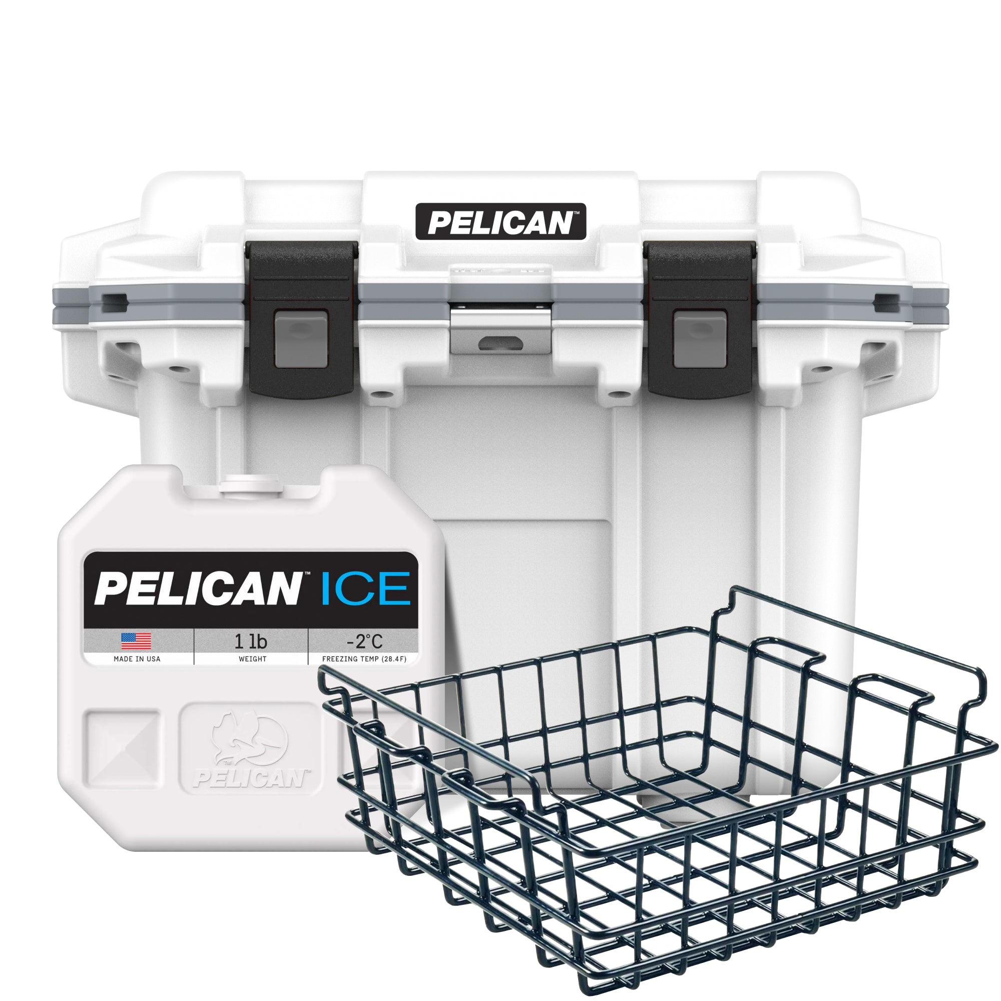 White / Grey Pelican 30QT Cooler with Pelican Dry Basket & Pelican Ice Pack