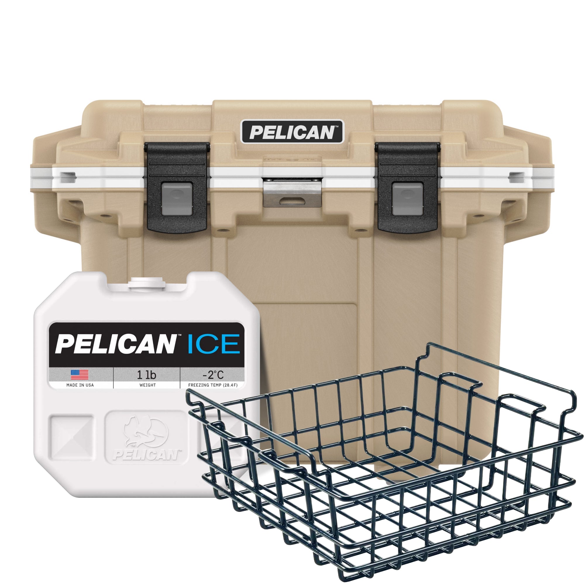 Tan / White Pelican 30QT Cooler with Pelican Dry Basket & Pelican Ice Pack