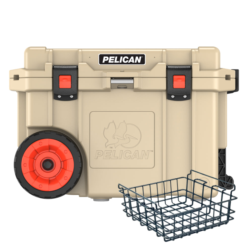 Outdoor Tan Pelican 45QT Cooler with Pelican Dry Rack Basket