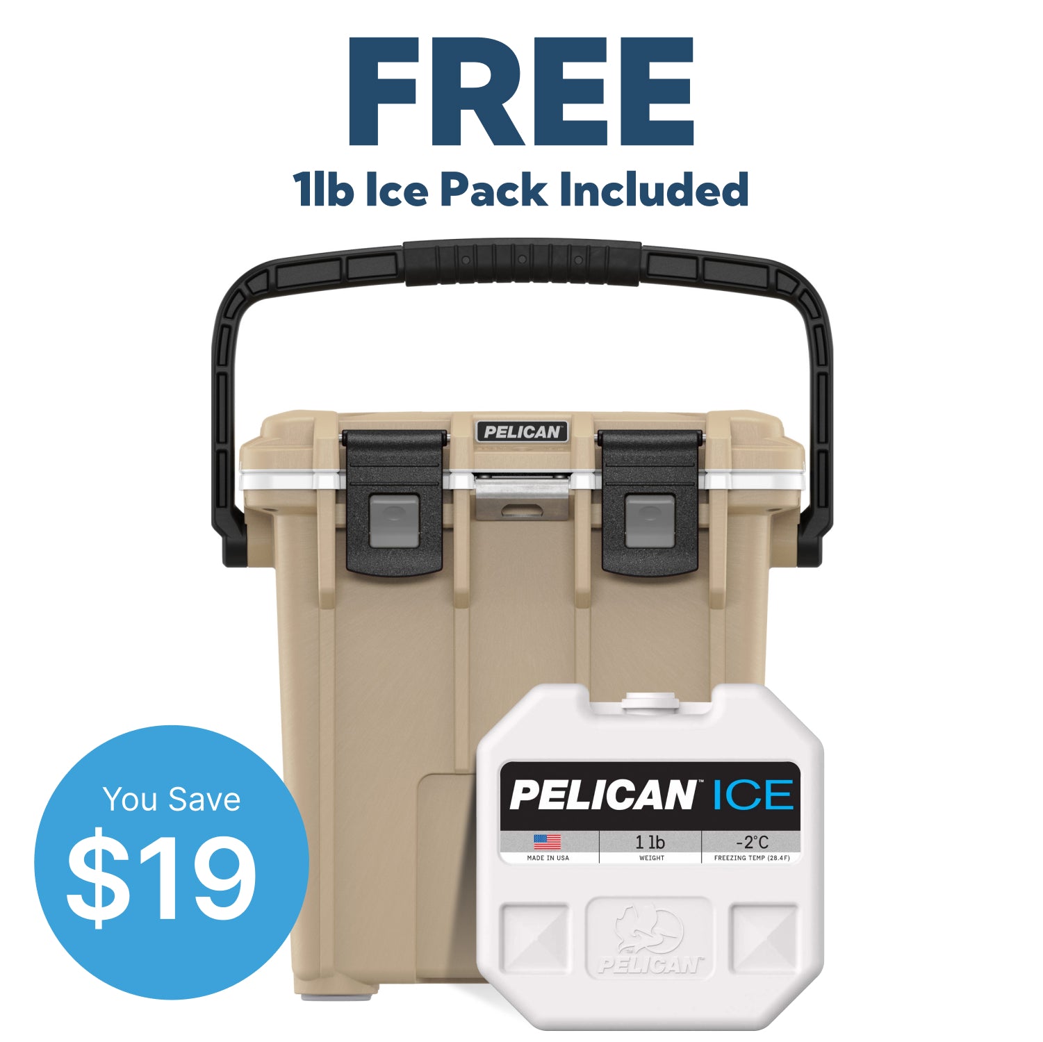 Tan / White Pelican 20QT Elite Cooler Free 1lb Ice Pack