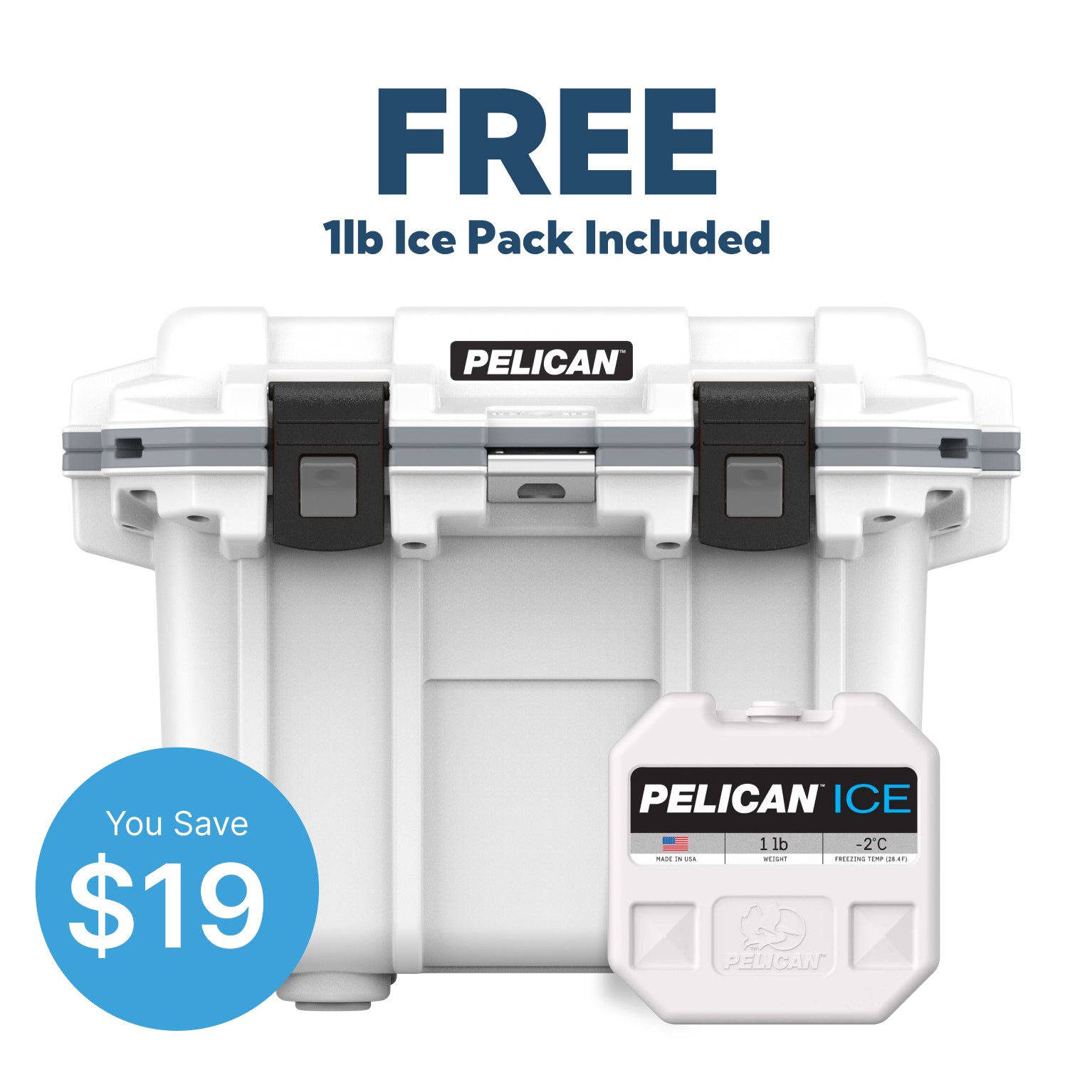 White/ Grey Pelican 30QT Cooler with Pelican Ice Pack