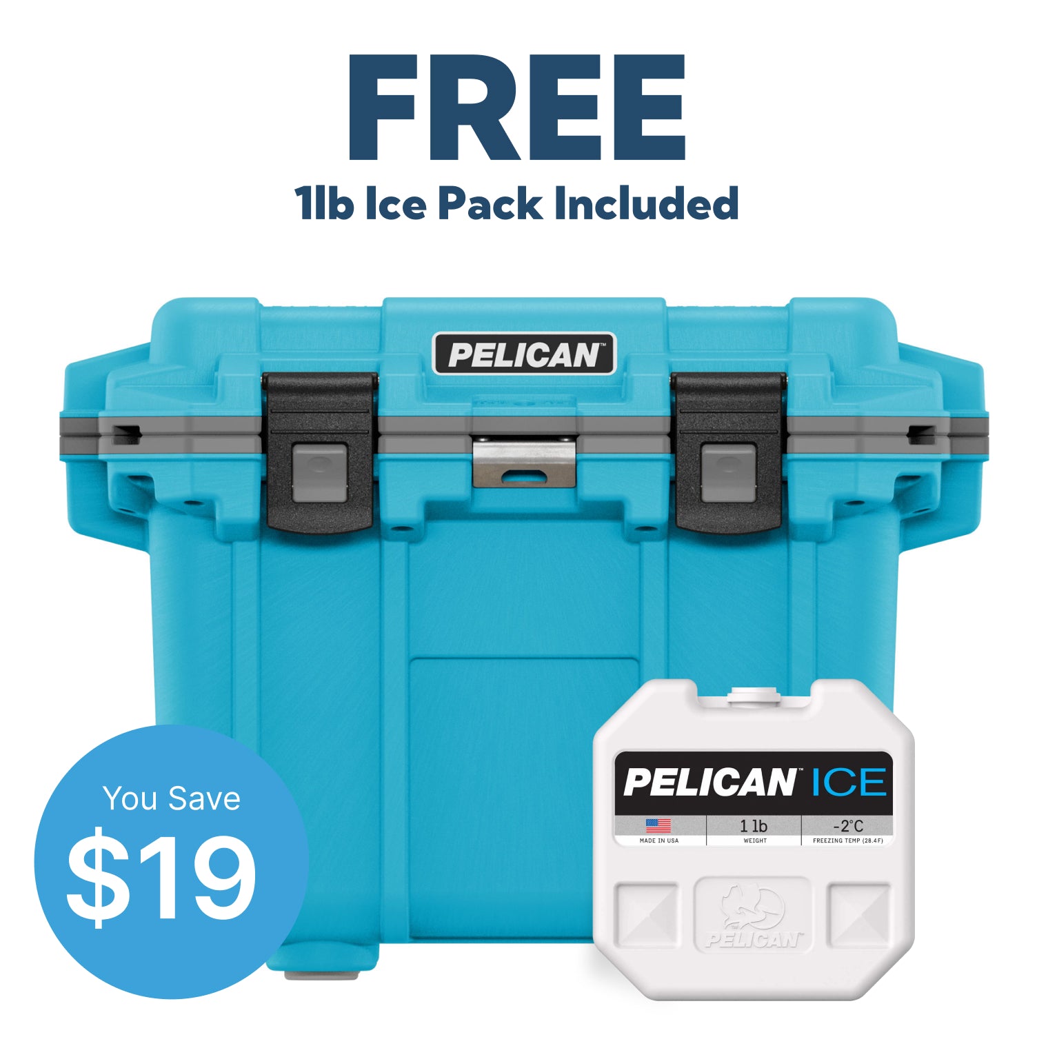 Cool Blue / Grey Pelican 30QT Cooler with Pelican Ice Pack