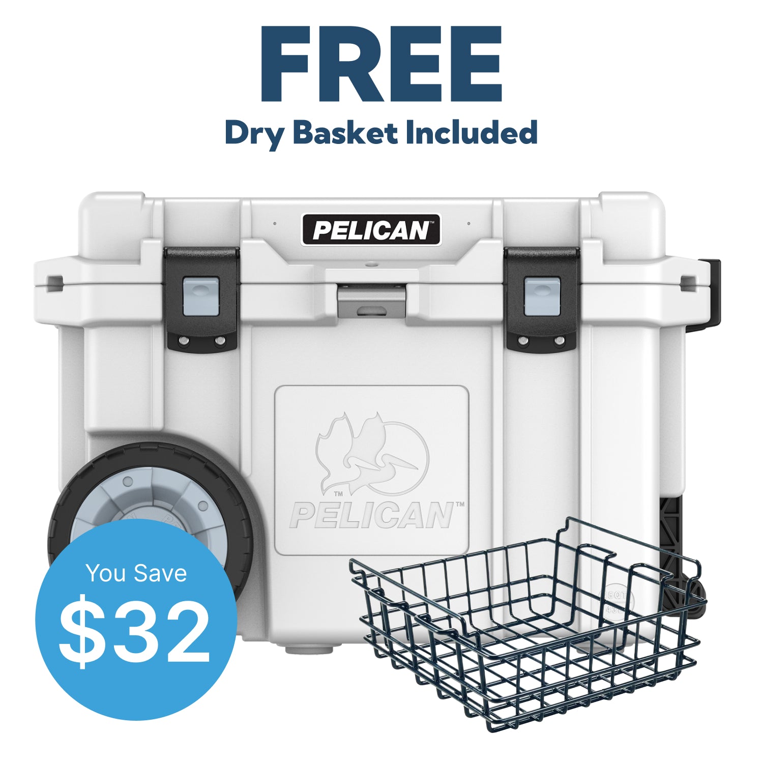 Marine White Pelican 45QT Cooler with Free Pelican Dry Rack Basket