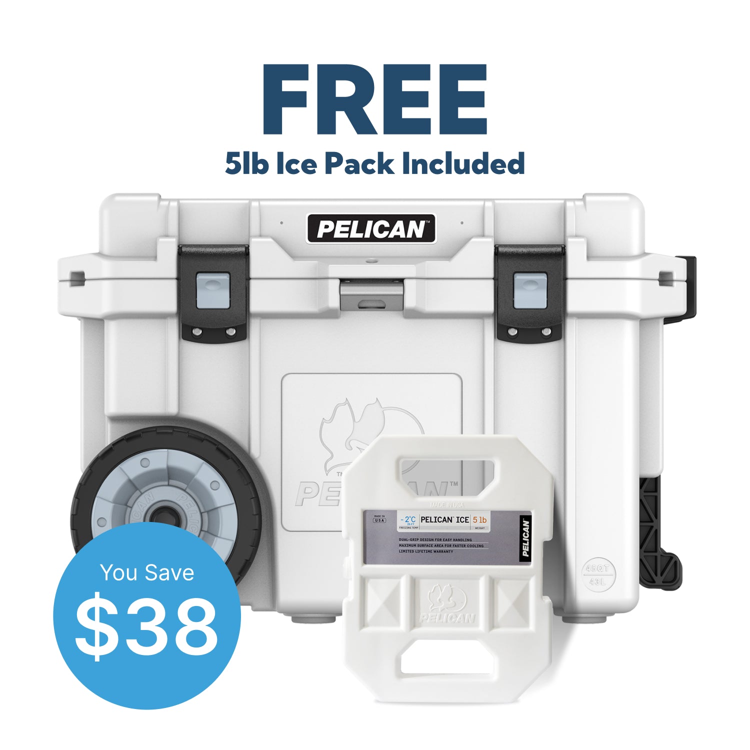 Marine White Pelican 45QT Elite Wheeled Cooler with Free Pelican Ice Pack