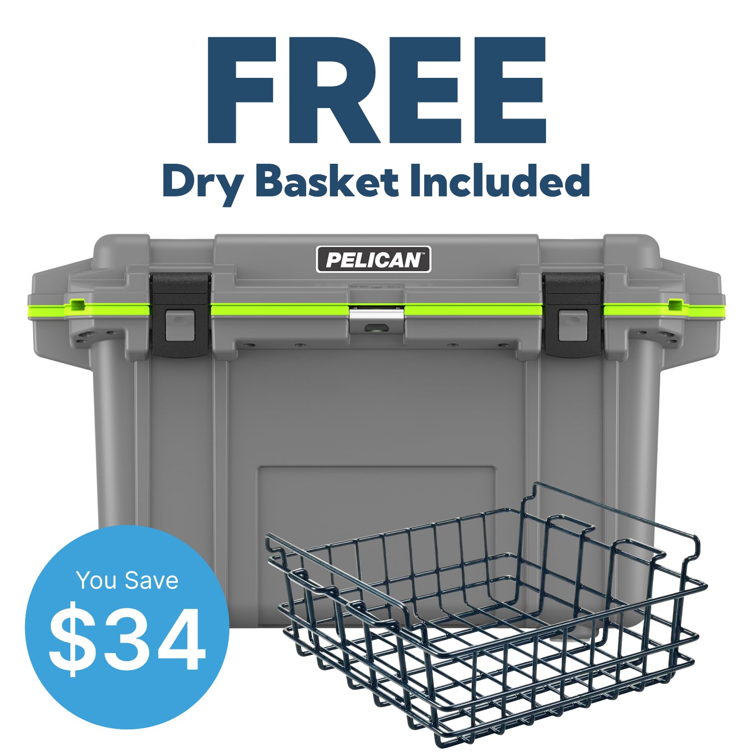 Dark Grey / Green Pelican 70QT Elite Cooler & Free Dry Basket
