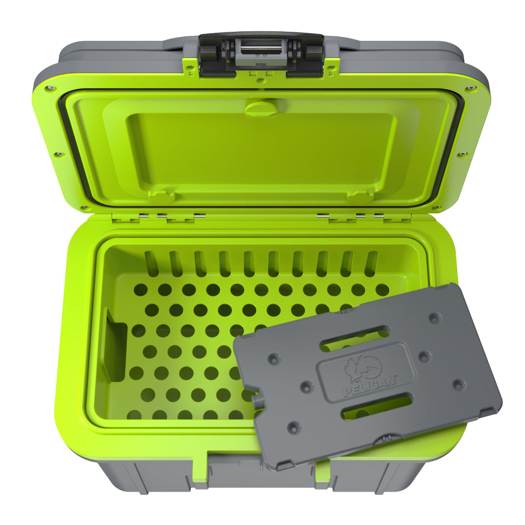 Dark Grey / Green Pelican 8QT personal lunchbox cooler with ice pack on basket