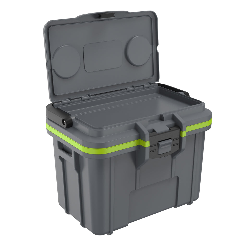 Dark Grey / Green Pelican 8QT personal lunchbox cooler with dry storage open