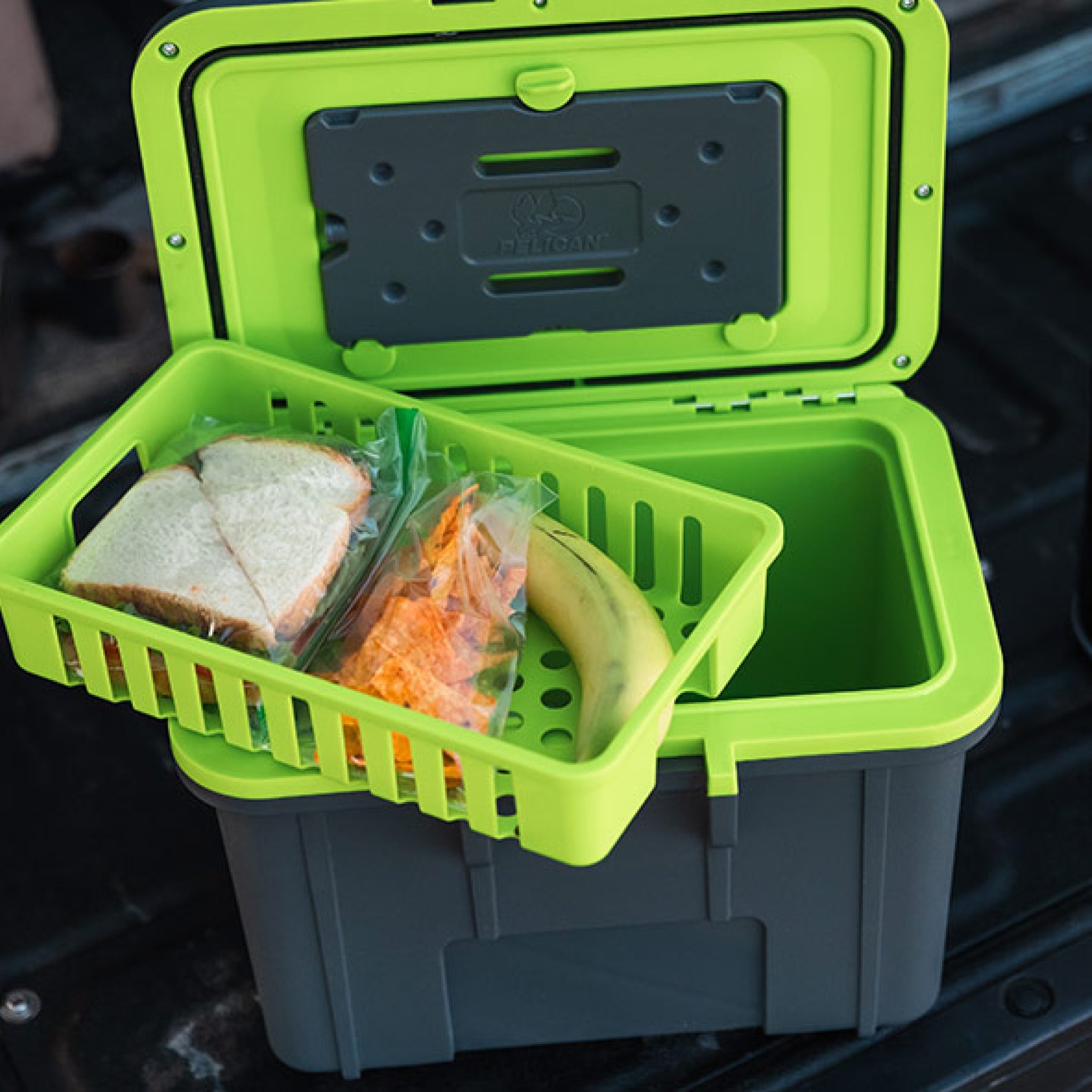Dark Grey / Green Pelican 8QT personal lunchbox cooler with built-in ice pack & organizing tray
