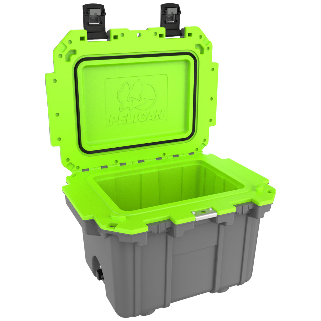 Dark Grey / Green Pelican Elite 30QT Cooler Open