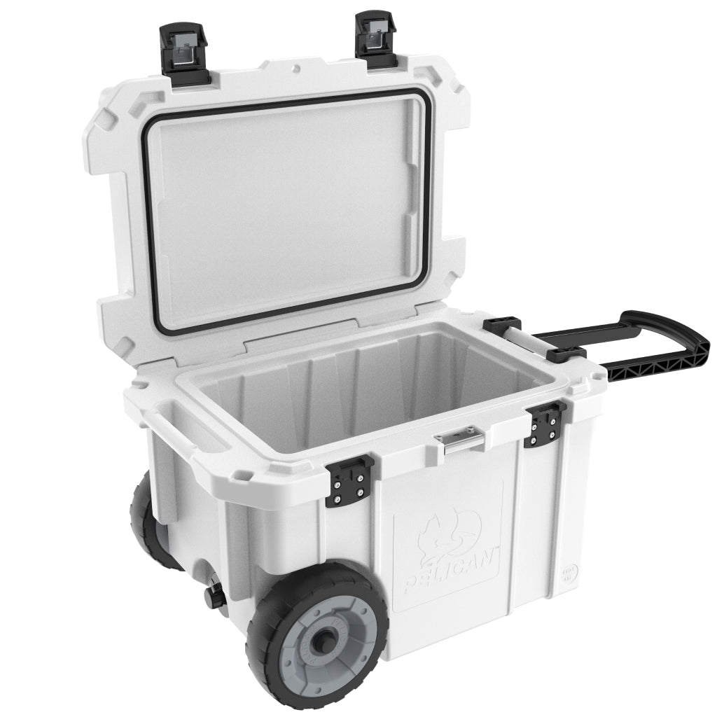 Marine White 45QT Elite Wheeled Pelican Cooler Open