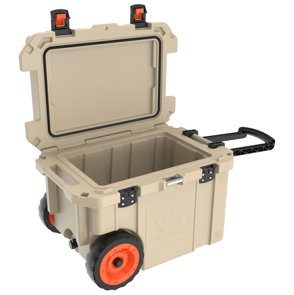 Outdoor Tan 45QT Elite Wheeled Pelican Cooler Open