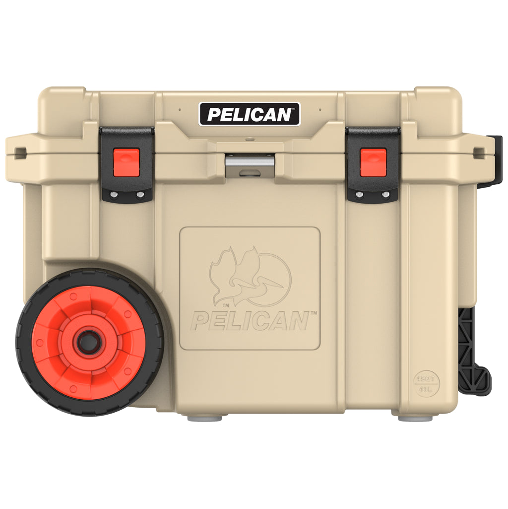 Outdoor Tan 45QT Elite Wheeled Pelican Cooler Front