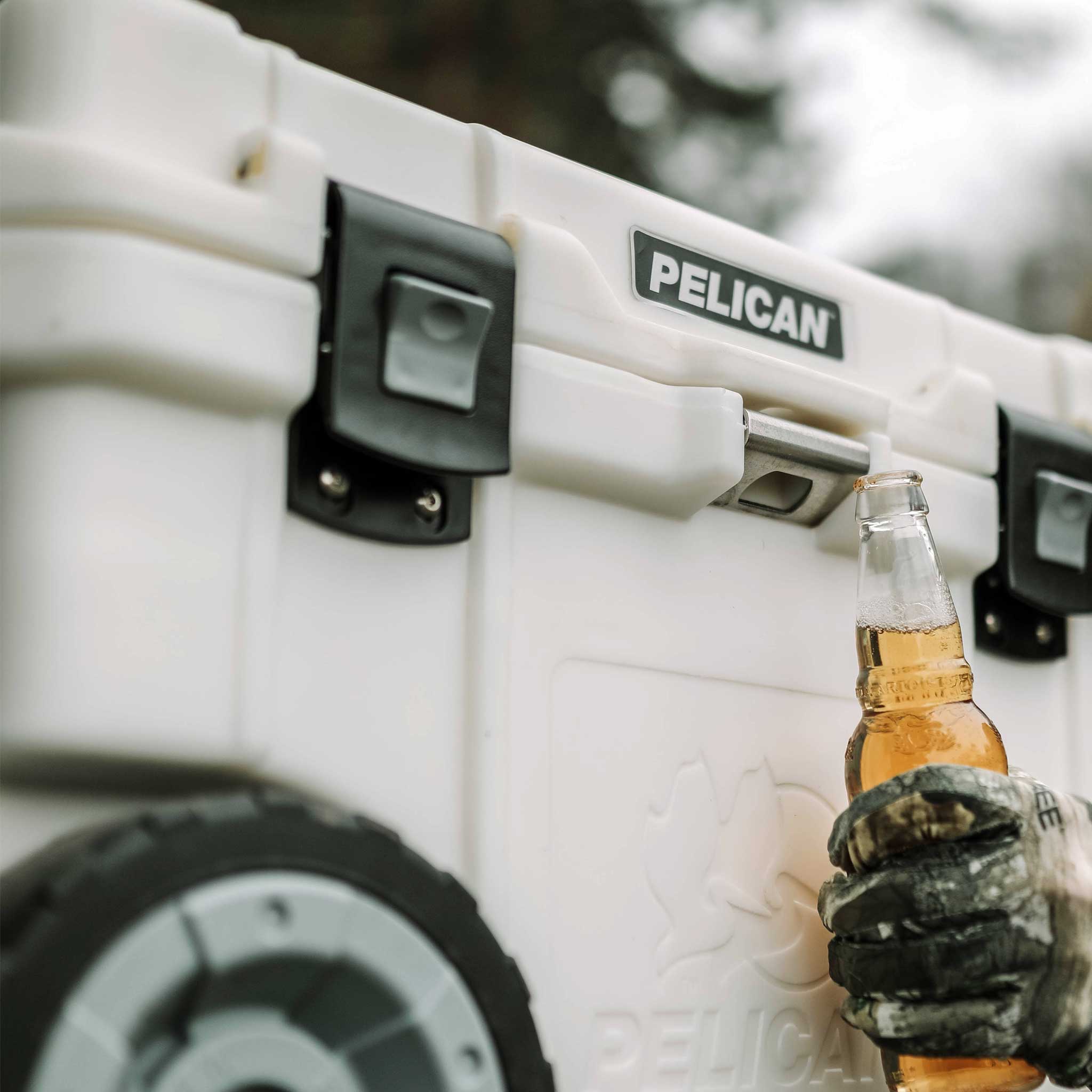 Marine White 45QT Elite Wheeled Pelican Cooler Bottle Opener