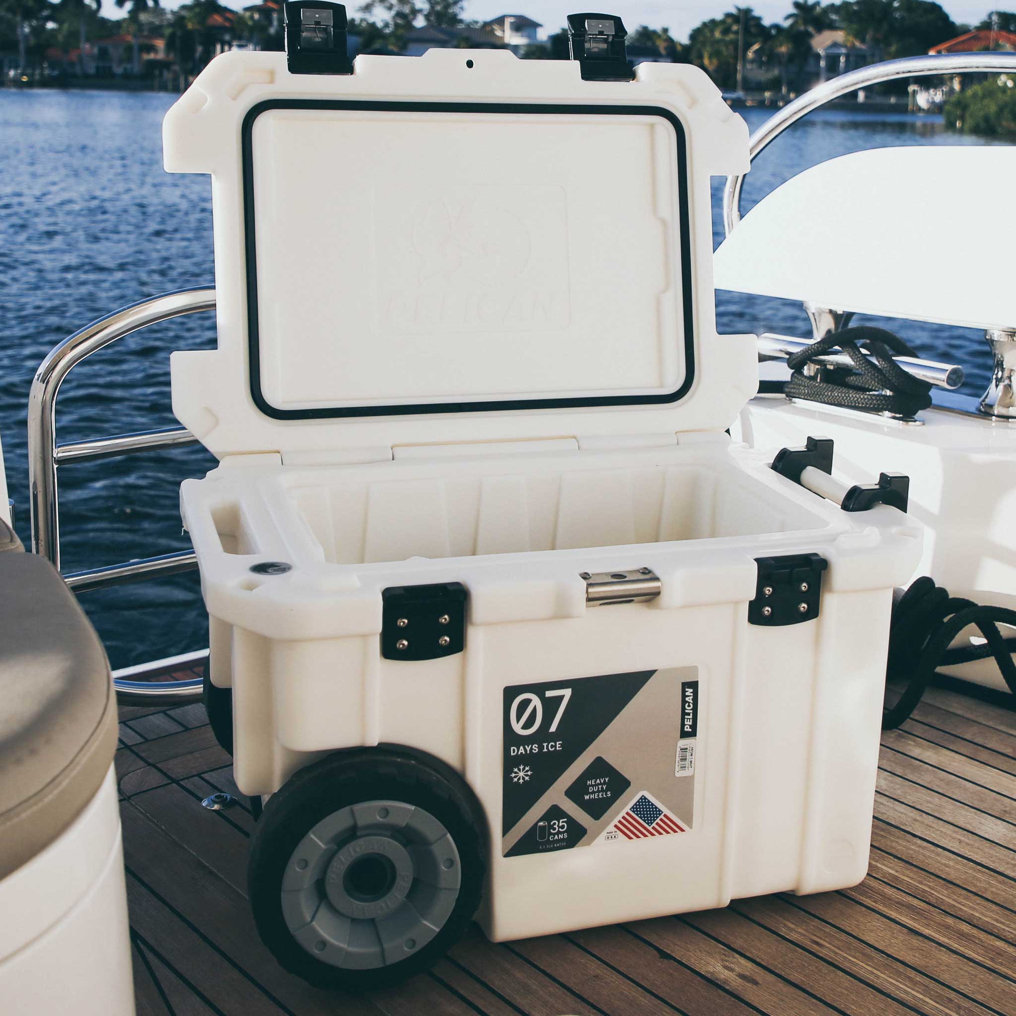 Marine White 45QT Elite Wheeled Pelican Cooler on Boat