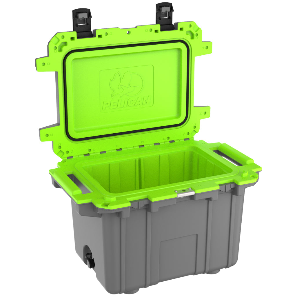 Dark Grey / Green Pelican 50QT Elite Cooler Open