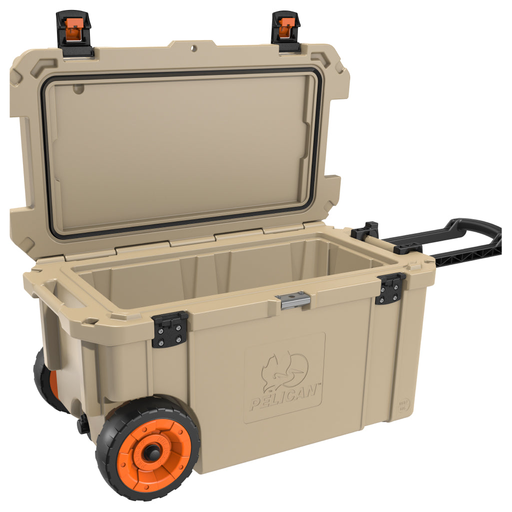 Outdoor Tan 65QT Elite Wheeled Cooler Open
