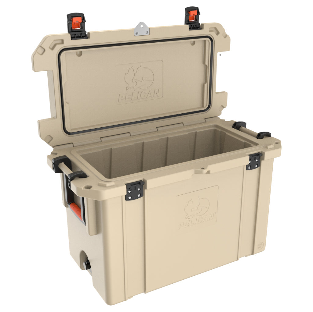 Outdoor Tan 95QT Pelican Elite Cooler Open