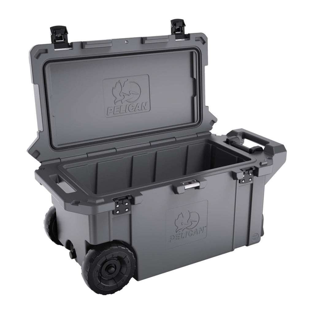 Charcoal 80QT Pelican Elite Wheled Cooler Open