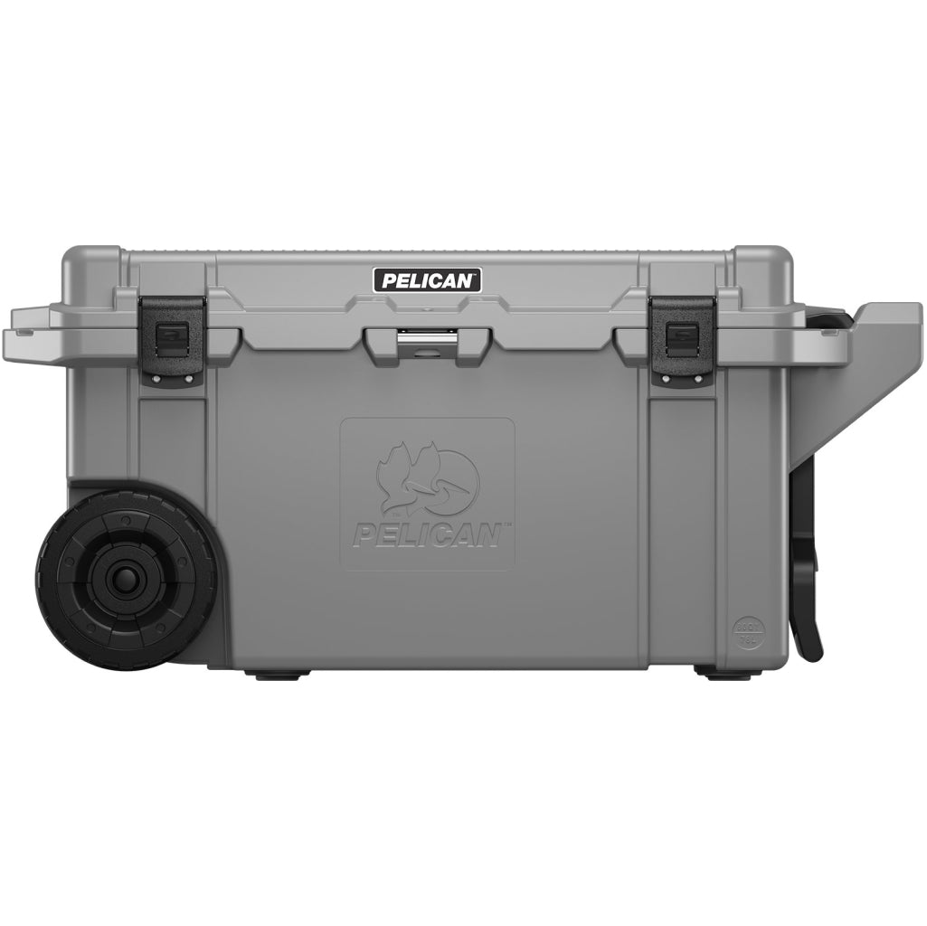 Charcoal 80QT Pelican Elite Wheled Cooler Front