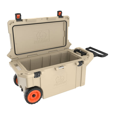 Desert Tan 80QT Pelican Elite Wheled Cooler Open