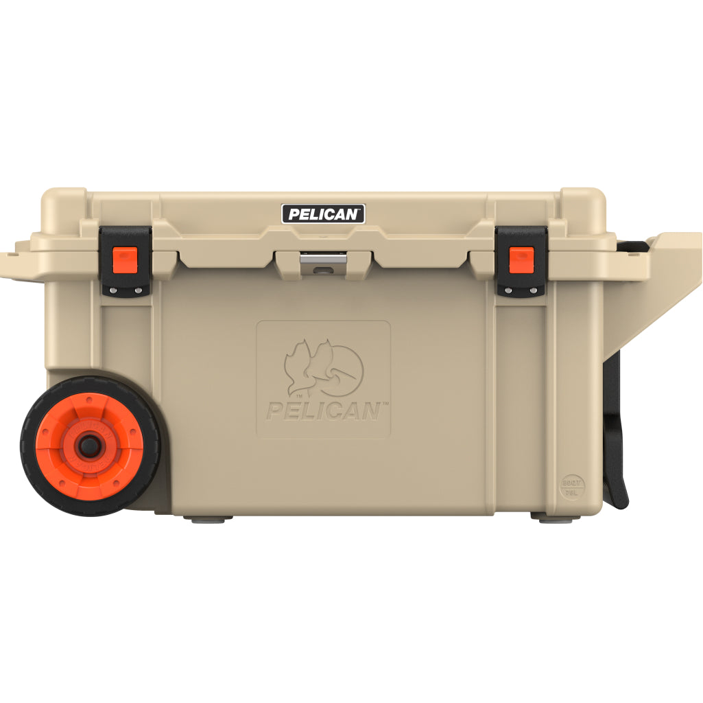 Desert Tan 80QT Pelican Elite Wheled Cooler Front