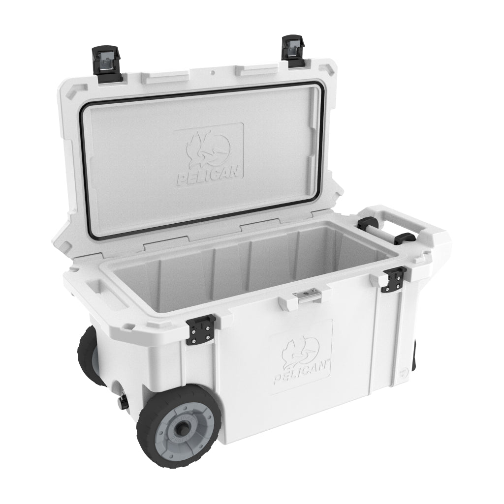 Marine White 80QT Pelican Elite Wheled Cooler Open