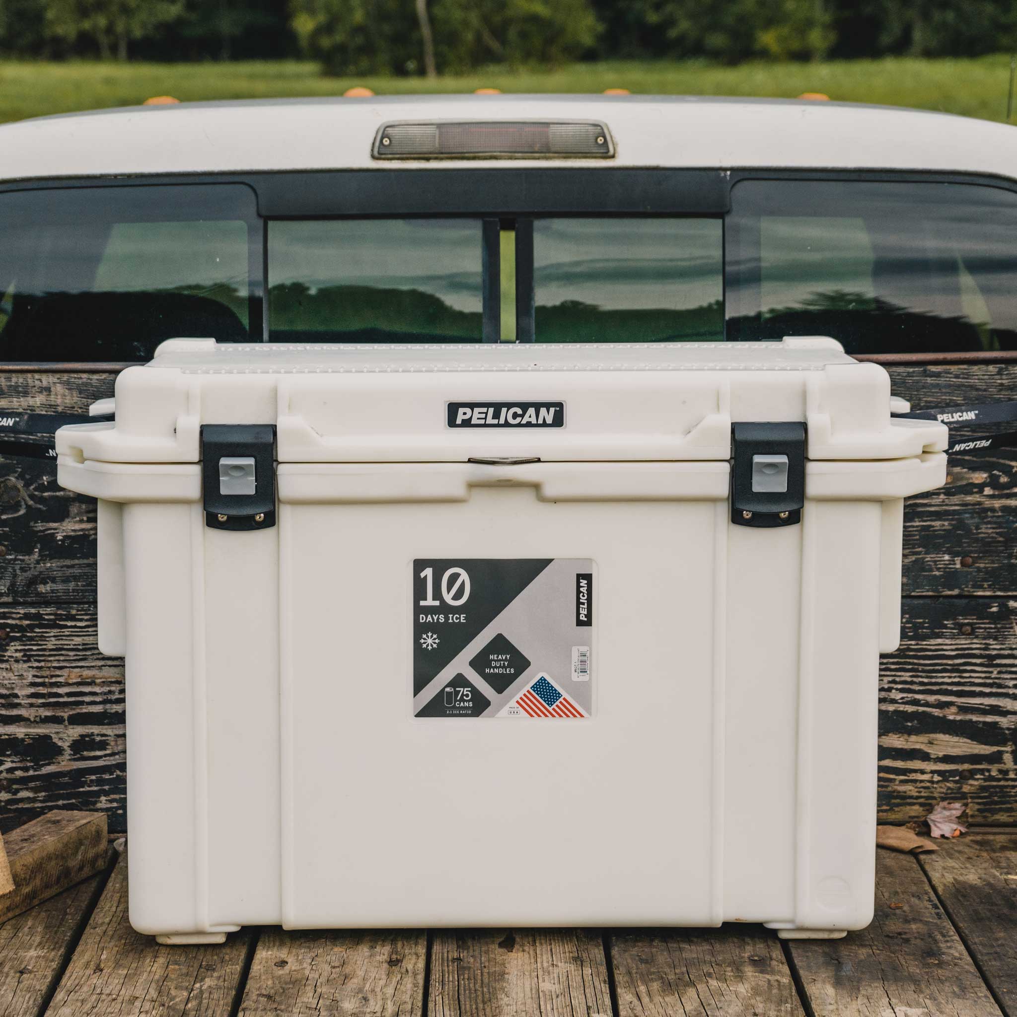 Marine White 95QT Pelican Elite Cooler in Truck Bed