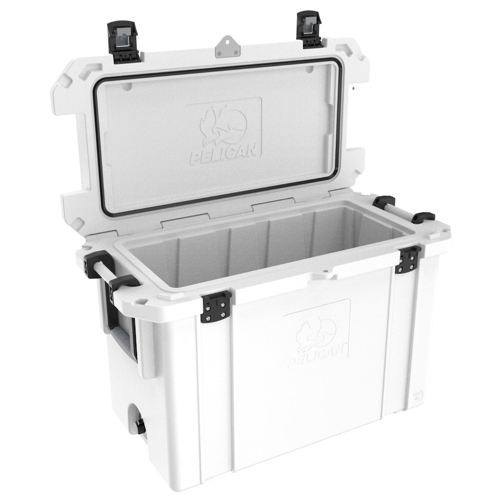Marine White 95QT Pelican Elite Cooler Open