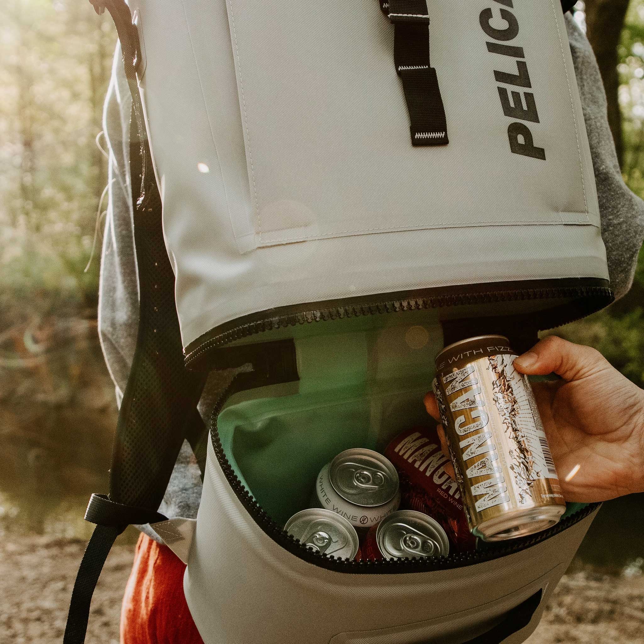 Light Grey Pelican Backpack Soft Cooler open with drinks
